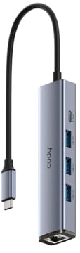 Cudy Hub USB-C 5 en 1 con puerto Gigabit Ethernet RJ45, adaptador multipuerto, 3 USB-A 3.2 Gen 1, puerto USB-C que recibe 5V2A DC para MacBook, iPhone 15/16/17 y más, UH605