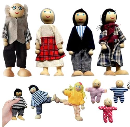 Hbbgdiy Casa delle bambole con 9 figure di famiglia in legno Set di bambole posizionabili Accessori per case delle Giocattolo per ragazze Ragazzi Giochi di finzione Casa in miniatu
