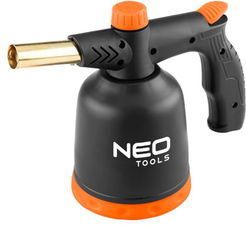 NEO TOOLS Gaslödlampa 1,7 kW – piezo-tändning, 360° överhuvudssystem, 190 g patron, 1 300 °C temperatur, mångsidig lödbrännare för installatörer och hantverkare