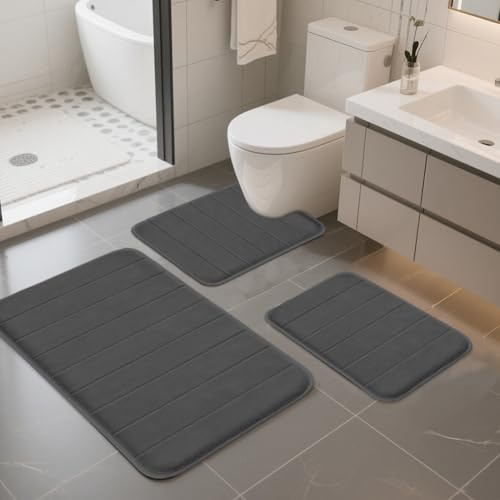 Ruioomeep Badrumsmatta set 3 delar, badmatta halkfri tvättbar, mjuk badmatta med minnesskum och U-formad WC-matta, (mörkgrå, 2 badmattor U-formad toalettmatta)