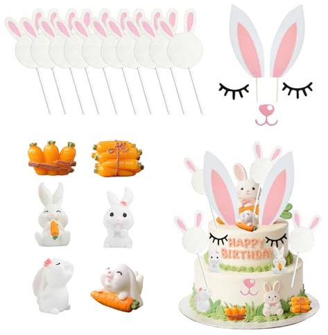 Décoration de Pâques 17 pièces cake topper lapin rose en carton scintillant avec bâtons en bambou décor de gâteau printemps pour fête, anniversaire, table pascale