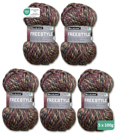 BellaLana Wolle Freestyle - Garn zum Stricken & Häkeln, Ideal für Big Knit-Looks - 80% Polyacryl, 20% Wolle, Lauflänge 100m/100g, Nadelstärke 7, 5 x 100g - Beere-Mix
