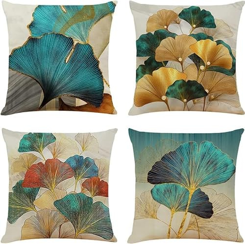 BREASOME Federe Cuscini Divano 45x45 cm, Set di 4 Copricuscini Foglia Dorata e Ciano Fodere per Cuscini Decorativi Quadrata in Lino per Divano Camera da Letto Soggiorno