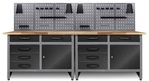 Ondis24 Werkstatt Set Werkbank Metall Holger 240 cm mit 2 Werkbänken & 6 Lochwänden + 22-TLG. Haken-Set | 28 mm Buchenholzplatte | 5 Schubladen & Schrank | Arbeitshöhe 85 cm