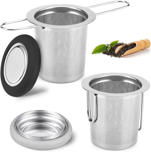 Gykutix 2 Piezas Infusor de Te de Acero Inoxidable 304 Filtro Infusiones Reutilizable Colador Te Universals Infusionador de Te con Tapa y Asa Plegable, para Tazas, Tetera, Café Ollas, Cuencos de Té