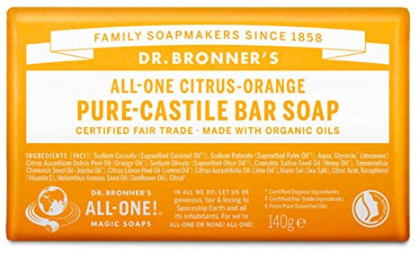 Dr Bronner's Citrus Orange Pure Castile Bar Soap, Made with Organic Oils and No Synthetic Fragrances, Used for Face, Body and Hair, Certified Fair Trade & Vegan Friendly, 140g Bar