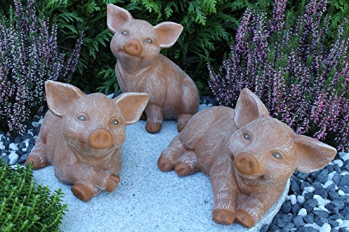 STEINFIGUREN SPICKER Steinfigur Schwein 3er Set, 126/3, 127/3, 175/3 Ferkel, Gartenfigur Steinguss Tierfigur Terrakotta Patina