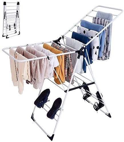 COSTWAY Folding Clothes Drying Rack, 2-Level Winged Clothes Airer Dryer Hanger with Height-Adjustable Gullwing and Shoe Holder, Freestanding Steel Laundry Rack Stand for Indoor Outdoor Use