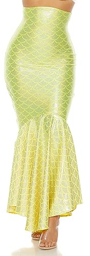 ForplaySexy Mermaid Skirt with Hologram Finish, Fish Scale Design& Tail Cut –Long Tail Sexy Mermaid Skirt for Halloweens, Cosplays & Roleplays – Mermaid Tail Outfit - Neon Yellow, XS/S