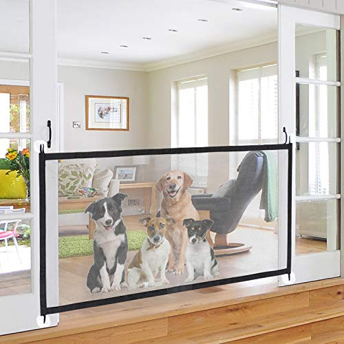 Gate for Dogs Portable Folding Stair Gate Safe Guard Mesh Pet Gate Pet Isolation Net Indoor and Outdoor Safety Gate Install Anywhere for Dogs Cats, Adhesive Hooks and Poles Included, 70.9x31.5