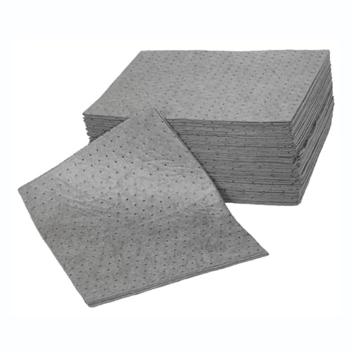 Maintenance Absorbent Pads - Absorb Oil, Water, Coolants, For General Use - Spill Control Sheets - 50cm x 40cm, 100 Sheets, Sonic Bonded Core with Spun Bound Top Layer, Grey - Indoor/Outdoor Use