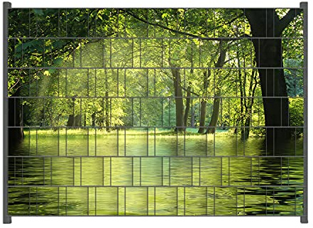 Wallario Zaun Sichtschutz Windschutz für EIN- und Doppelstabmattenzäune in der Größe Breite 2,00m x Höhe 1,40m, Motiv: Idyllischer See im Wald bei Sonnenschein