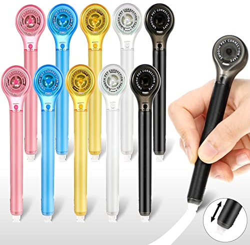 Gersoniel 10 Pack Correction Tape Pen Correctional Ink Tape Push Pull Protective, Easy to Use Applicator for School Office Supplies, 0.2 x 236 Inch (Bright Color)