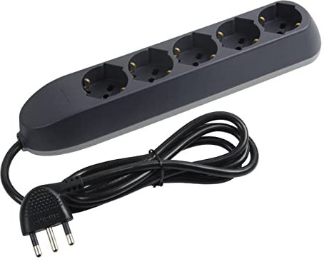 BTICINO Ciabatta Multipresa Elettrica Poker 5 Posti, 5 Prese Polivalenti (Schuko 10/16A e Bipasso), Ciabatta Elettrica con Interruttore, Cavo 1,5m Spina 16A, Salvaspazio, Robusta e Professionale, Nero