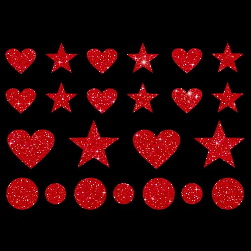 Glitzerdeals Bügelbilder Glitzer Herzen Sterne Punkte Karneval Glitzer rot Aufbügler für Textilien Karneval Kostüm Herzen Bügelflicken Sterne Fasching Patch zum Aufbügeln Herzen