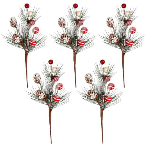 JUOPZKENN 5 Stück Künstliche Tannenzweige, Weihnachtsstiele, Mini-Tannenzapfen Zum Basteln, Weihnachtsblumen, Weihnachtsblumen, Weihnachts-Bastelbedarf, 26 Cm