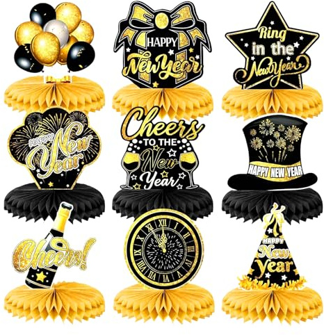 9 Stück Neujahr Bienenwabe Deko, Tischdeko Silvester 2026, Bienenwabe Mittelstück Silvester Deko, Papier Bienenwaben Deko Schwarz Gold, Happy New Year Deko für 2026 Neujahr Tischdeko Tischaufsätze