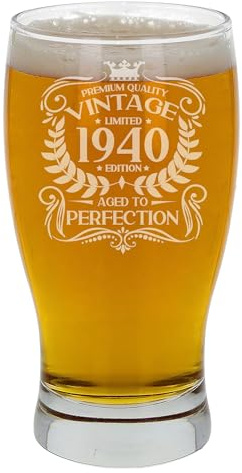 Always Looking Good Vaso de cerveza de 85 años grabado con texto en inglés Aged to Perfection de 1940 para hombres de 85 años de edad, grabado de sidra, cerveza y tulipán