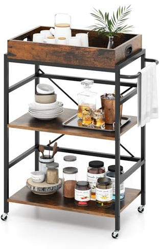 GIANTEX Carrello da cucina con vassoio estraibile e 4 ruote, carrello di servizio a 3 livelli con telaio in metallo, 73 x 40 x 94 cm, stile industriale, carrello ausiliario per cucina, sala da pranzo,
