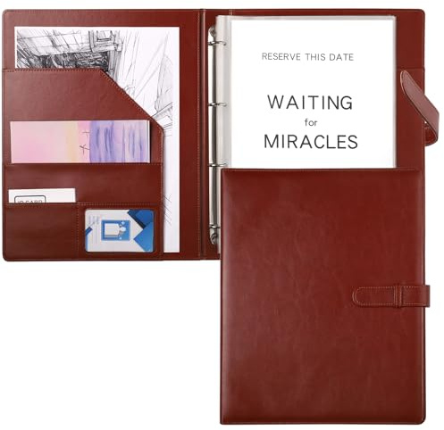 A4 Portfolio Folder with Ring Binder, Document Folder with 45 Plastic Sleeves Faux Leather Conference Folder for Business Organizer Interview and Meeting (Brown)