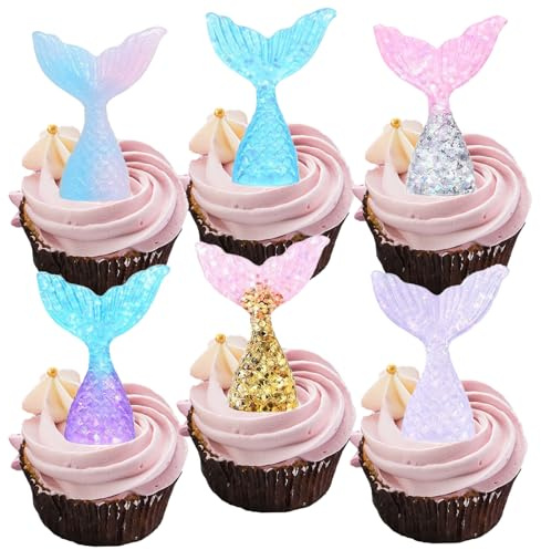 30 Pcs Glittering Mermaid Tail Cupcake Toppers - Resin Cake Decorations for Under the Sea Birthday Party, Reusable Baby Shower & Princess Theme Supplies
