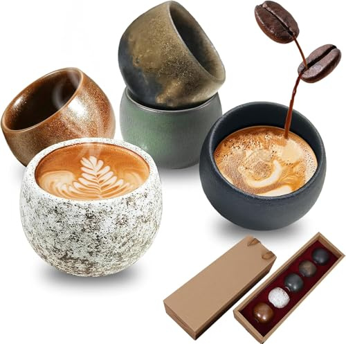 YushengTai Ceramic Espresso Cups Set of 5, 50ml Nespresso Cups Ceramic, Expresso Coffee Cup, Special Glazed Demitasse Cups with Gift Box, for Tea and Coffee