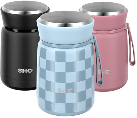 SHO Food Flask Insulated Stainless Steel (Checked Blue, 530ml) | Leakproof, 10H Hot, 20H Cold, Stainless Steel Spork, Reusable, BPA-Free