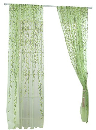 Winomo Gardine, Vorhang, Fenster, transparent mit Blatt-Motiv, Grün, 100 x 200 cm