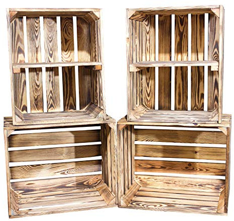 Vinterior DIY Set (4 Kisten) Gemischtes Paket Flambierte Holzkisten-Weinkisten/Regal aus geflammten Obstkisten mit Zwischenboden -quer-