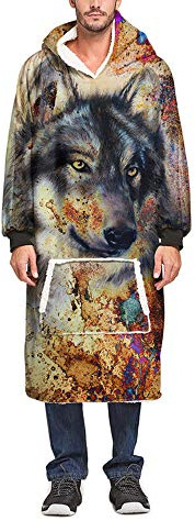 Treer Manta de Forro Polar con Mangas, Oversize con Bolsillo Bata Hoodie con Felpa Sudadera con Capuch para Hombre Invierno Microfibra Caliente Chaqueta (Un tamaño(110cm/43in),Lobo)