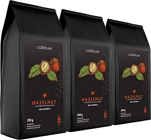 Caffeluxe Medium Roast Flavoured Ground Coffee Mixed Medley - Natural Hazelnut (3 x 250g Per Bag) - Arabica Coffee Beans