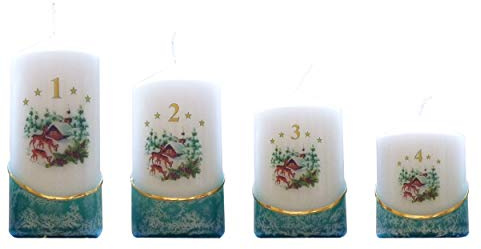 Meissner-Handel Auswahl - Weihnachtskerze/Adventskerze/Adventskalender - 4 Kerzen - farbig getaucht, grün - jeden Advent EIN Stückchen abbrennen - Auswahl Motiv