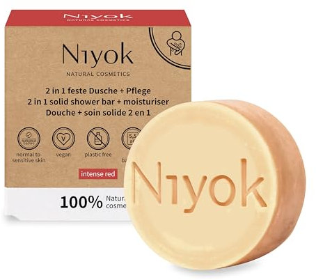 Niyok® 2-in-1 Feste Dusche + Pflege Intense Red (80g) • Naturkosmetik Duschseife • Festes Duschgel für alle Hauttypen • Vegane Seife für Körper & Hände • Plastikfrei & Vegan