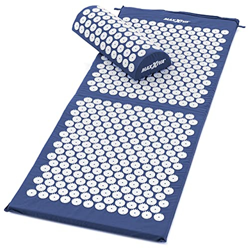MAXXIVA® Akupressur-Set Matte 130 x 50 cm mit Kissen Yantramatte Fakirmatte stimuliert die Durchblutung löst Verspannungen Farbe wählbar (Blau)