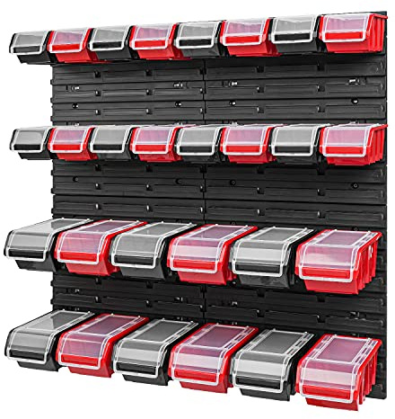 PAFEN Stapelbox Wandregal 772 x 780 mm - Lagersystem 28 Stück Boxen mit Deckel - Lagerregal Sichtlagerkästen Schüttenregal, Schwarz/Rot