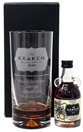 Personalised Engraved Premium Highball Glass & Miniature - Kraken Label Design (Cardboard Gift Box)