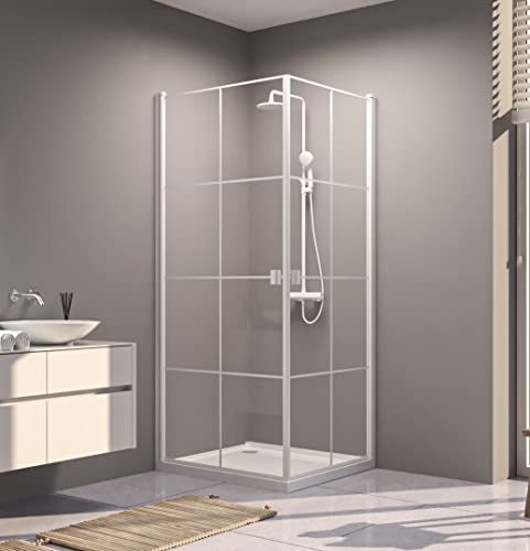 Marwell Duschkabine 90x90x200 cm mit Schwingtüren – Eckduschkabine aus 5 mm Sicherheitsglas, Aluminiumrahmen weiß, Klarglas, magnetischer Türverschluss