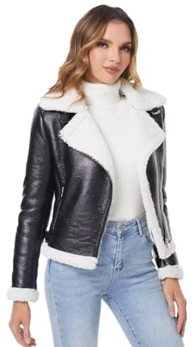 DIASHINY Frauen Faux Scheren Pelz Wintermantel Warme Dicke Pelz Gefütterte Kunstleder Jacke