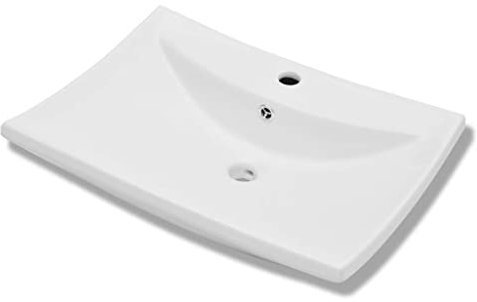 Waschbecken Waschtisch 60 x 44 cm aus Keramik, mit Überlaufschutz und Wasserhahnloch, Weiß Aufsatzbecken Aufsatzwaschbecken Handwaschbecken Aufsatzwaschtisch Spülbecken Becken Waschschale