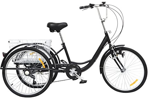 gegeweeret Modern Stil Dreirad 24Zoll 6 Geschwindigkeit Dreirad für Erwachsene, 36 Zähne Aluminium-Legierung, TIG-Schweißen, Maximale Belastung 120kg/ 264.5lbs, Bequem und Sicher (Schwarz)