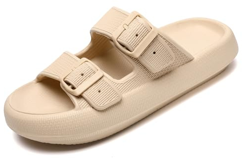 Waysoland Molntofflor kvinnor män sandaler med justerbara spännen, dusch badrum halkfria snabbtorkande öppen tå supermjuka bekväma tjocka sultofflor inomhus utomhusskor, Sandaler kaki, 40.5/41.5 EU