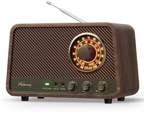 Audiocrazy AM FM Radio, Vintage Wooden Finish Radio Plug in Wall with Bluetooth Speaker, Aux in, Headphone Jack, Bass Control, for Home, Office