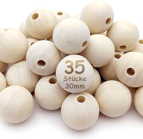 Kisvic Träkulor med hål 30 mm, 35 stycken stora, runda träpärlor, natur, träkulor, makramé för att trä på för gör-det-själv-smycken, tillverkning
