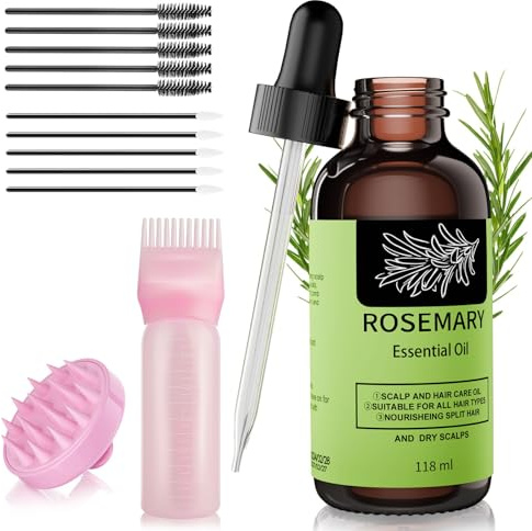 118ml Rosmarinöl Haare Wachstum Kopfhaut +Massagebürste & Applikatorflasche, Premium Rosmarin ätherisches Öl für dünner werdendes trockenes beschädigtes Haar eingewachsene Nachwachsen Verlust