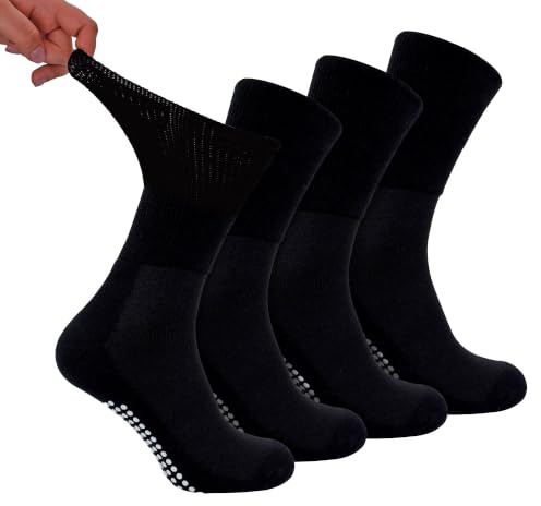 Dr.Socks 4-pack diabetesstrumpor i bambu med grepp | Herr & Dam | Extra breda toffelstrumpor för svullna fötter och ben, Svart, 43-45 EU