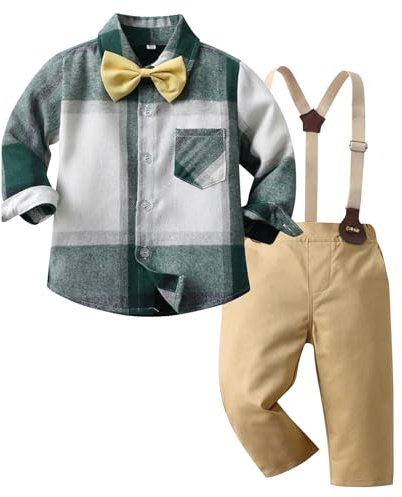 Kunyeah Niño Caballero Atuendos a cuadros Niño Camisa de manga larga con pajaritas Tirantes Pantalones Niño Traje de Vestir para 1-6 Años (Verde, 2-3 Años)