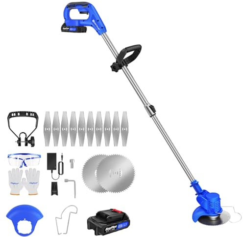 Electric Grass Trimmer and Edger, 21V Cordless String Trimmer, Battery Grass Trimmer with 2 x 1.5 Ah Batteries, 10 Metals Blade, 2 Circular Blades for Garden Clearing Weeds Flower