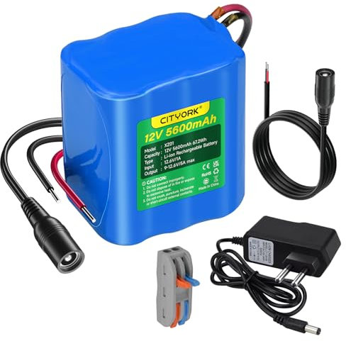 CITYORK Batterie lithium-ion rechargeable 12 V CC 5600 mAh pour caméras de vidéosurveillance, caméscopes, lecteurs MP3, bandes LED et plus encore