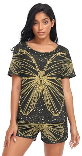 HMZXZ Damen Schlafanzug-Set Abstrakt Golden Schmetterling Sommer Pyjama Woman Set,Tier Loungewear und Shorts Lounge Set Sleepwear Nachtwäsche
