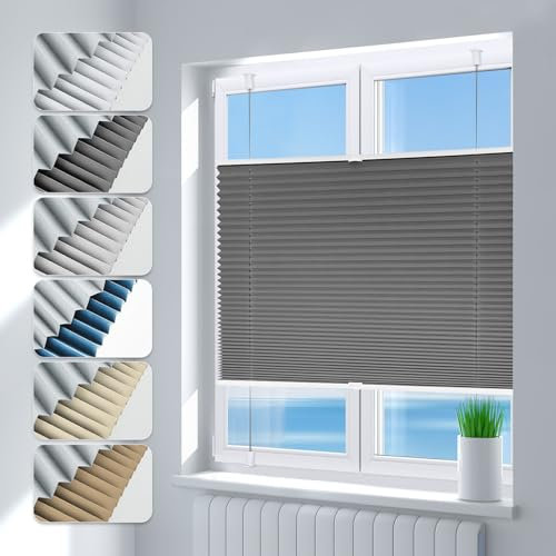 Deswell Plissee ohne Bohren Verdunkelung Klemmfix Verdunklungsplissee B40 x H120 cm Grau, 100% Blickdicht lichtundurchlässig Thermo Plissee Faltrollo Sichtschutz Sonnenschutz für Fenster Tür